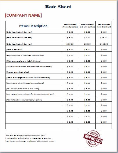 Official Design Rate Sheet Template Word Excel Templates