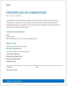 Mechanical Work Completion Certificates Word Excel Templates