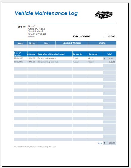 Fleet Maintenance Log Template Excel Templates