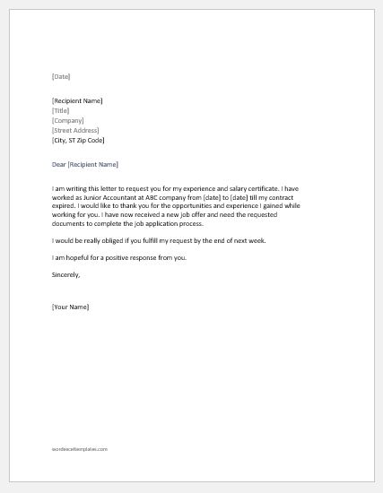 Format Sample Request Letter For Experience Certificate Letter