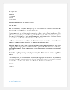 Sample Resignation Letter For Discrimination