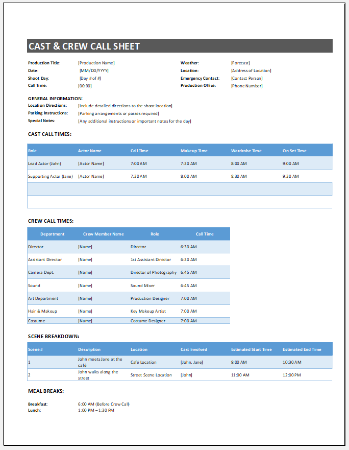 CAST & CREW CALL SHEET Template