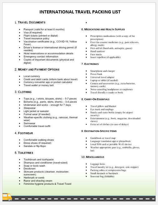 International Travel Packing List