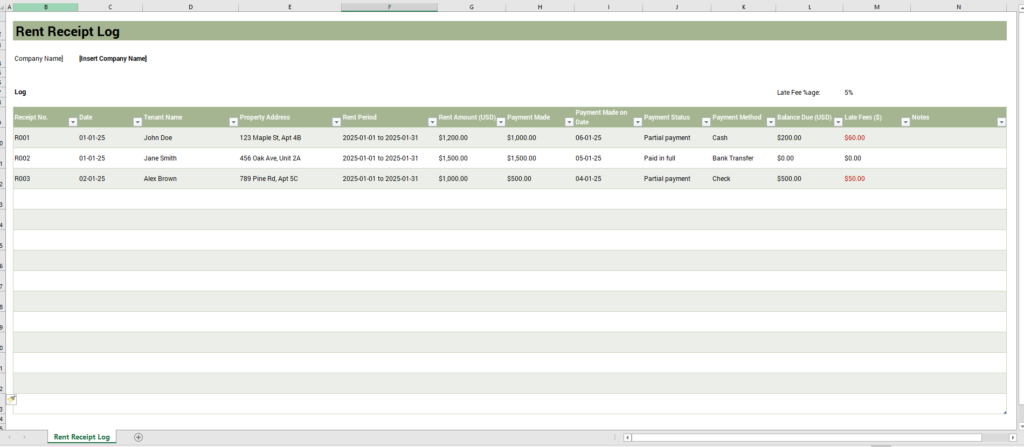 Rent Receipt Log Template