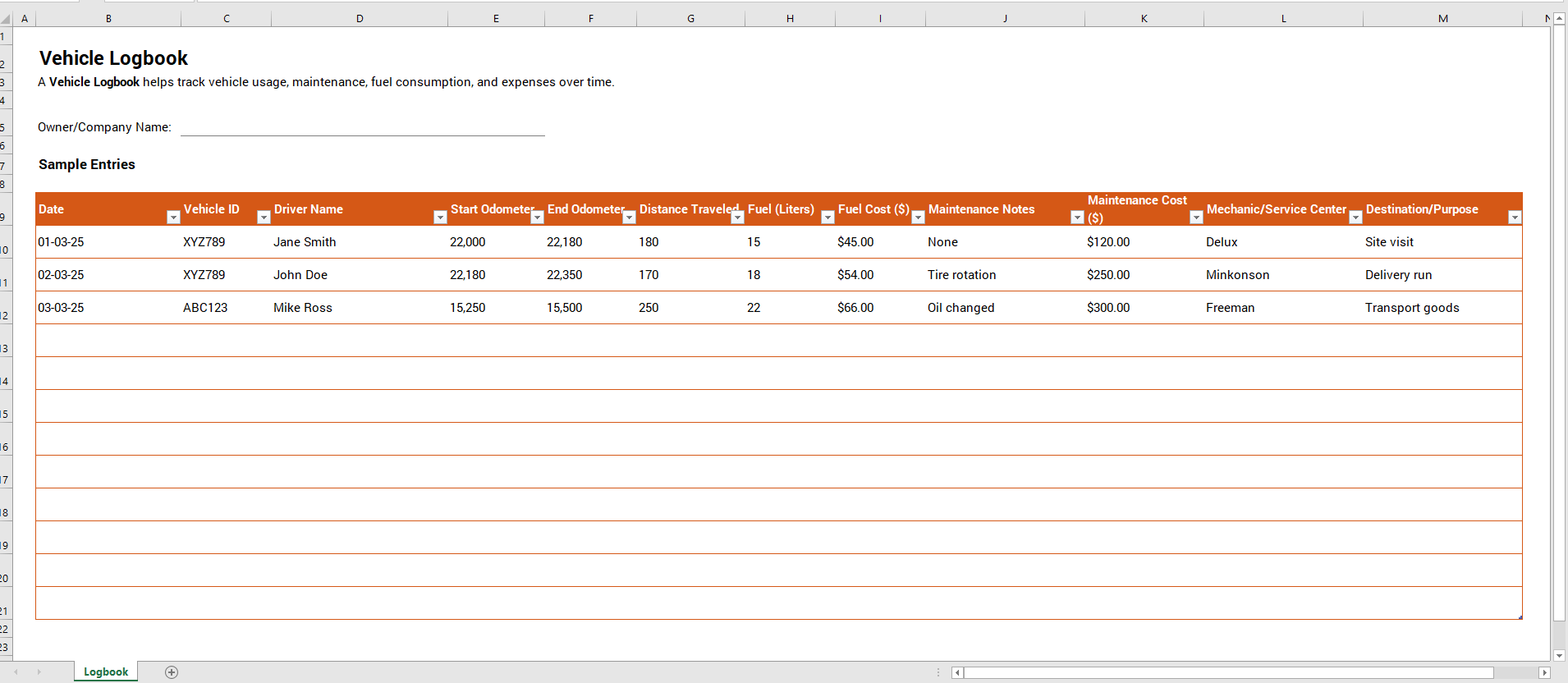 Vehicle Logbook Template