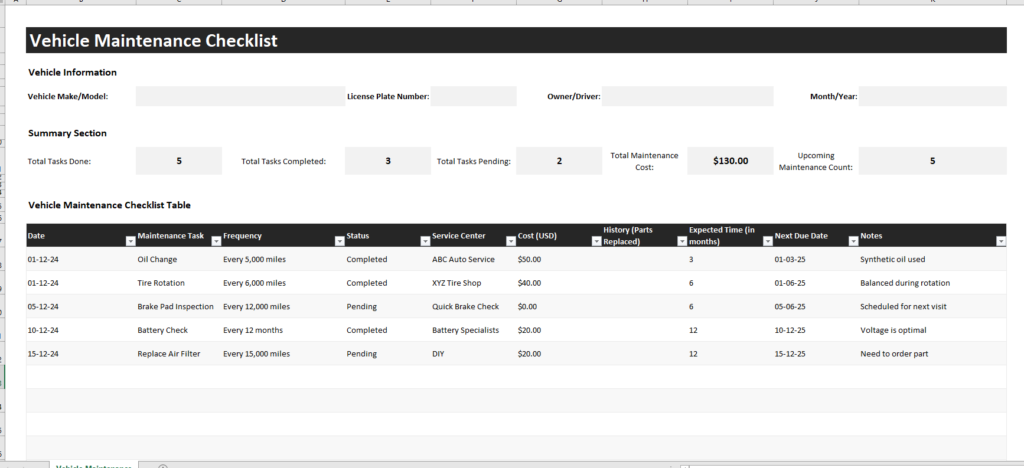 Vehicle Maintenance Checklist Template for Excel