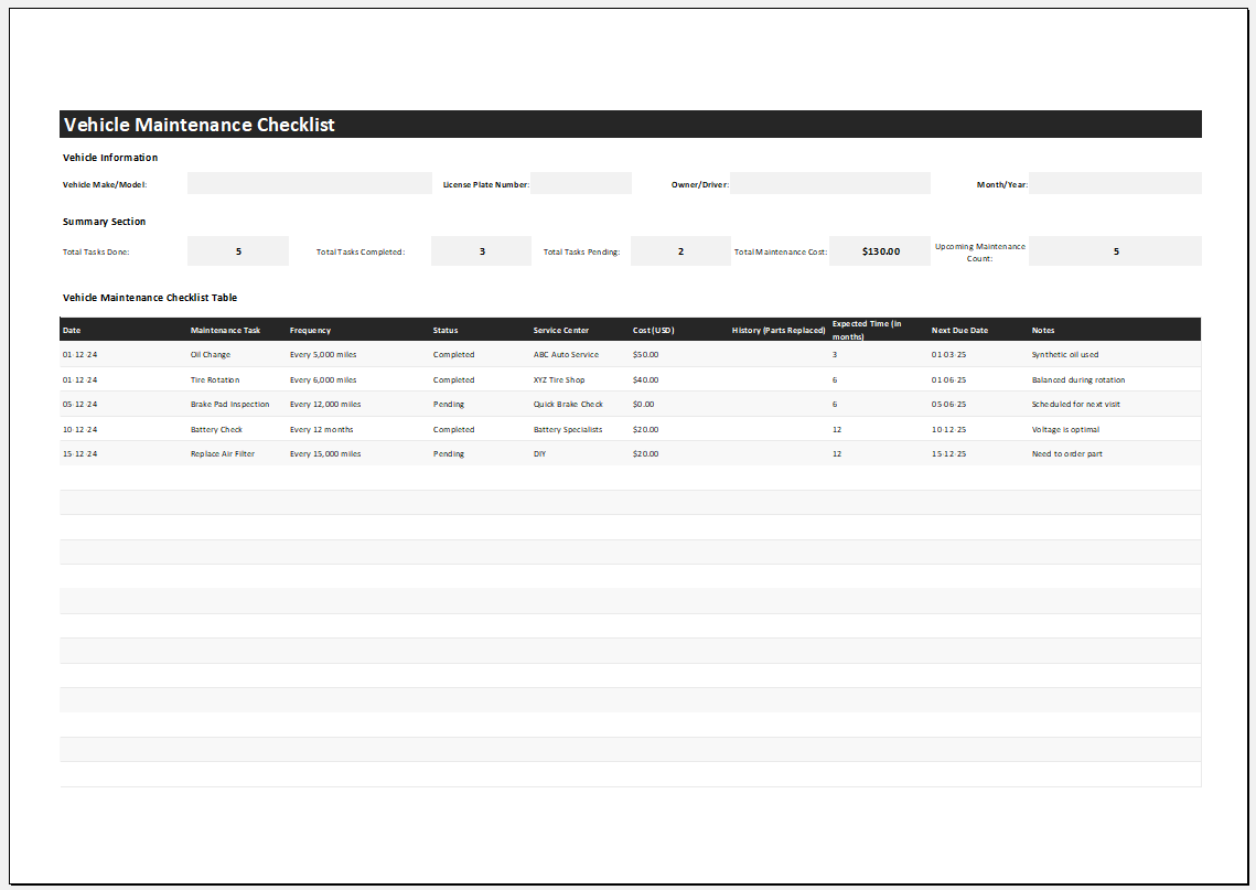 Vehicle Maintenance Checklist Template for Excel