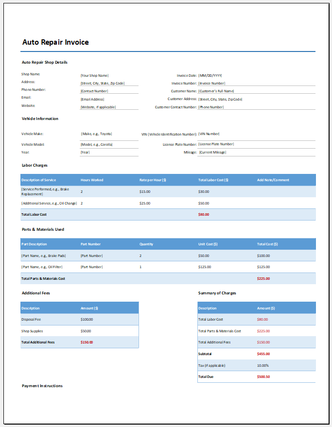 Auto Repair Invoice Template for Excel