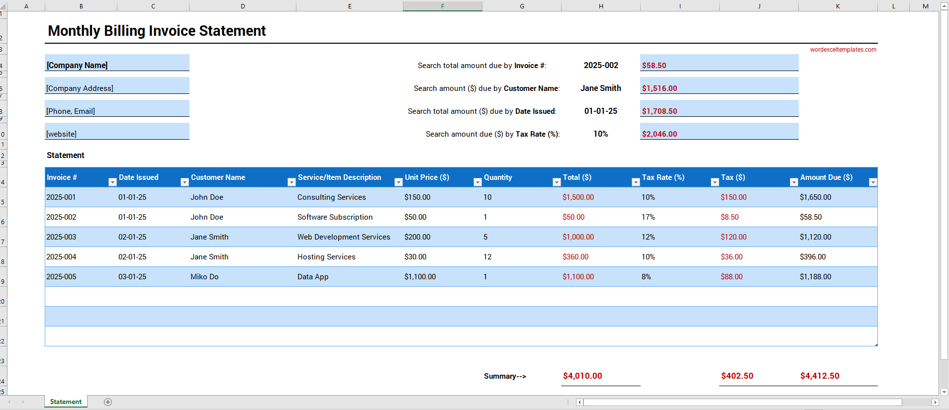 Monthly Billing Invoice Statement Template