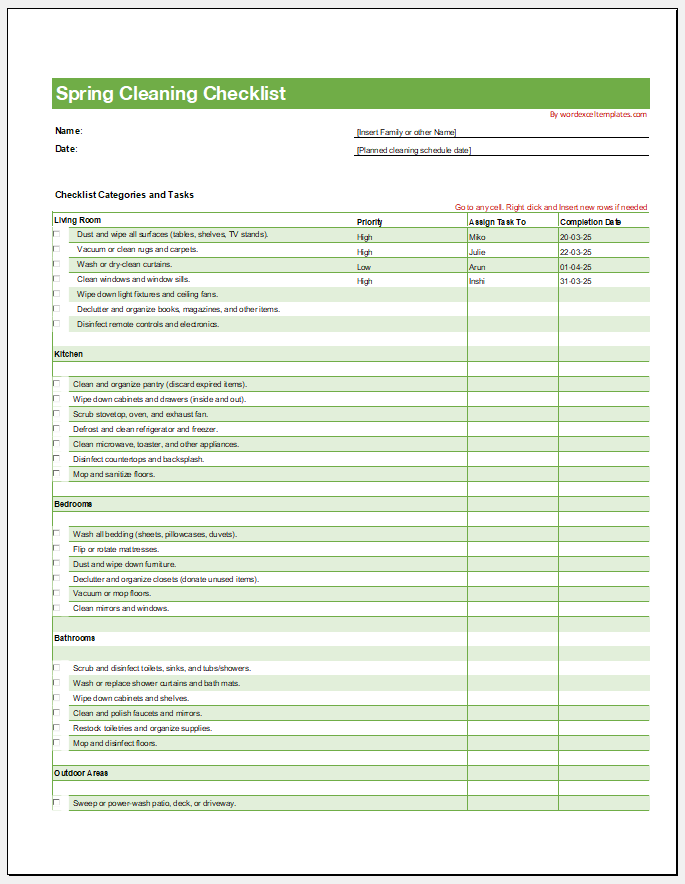 Spring Cleaning Checklist Template for Excel