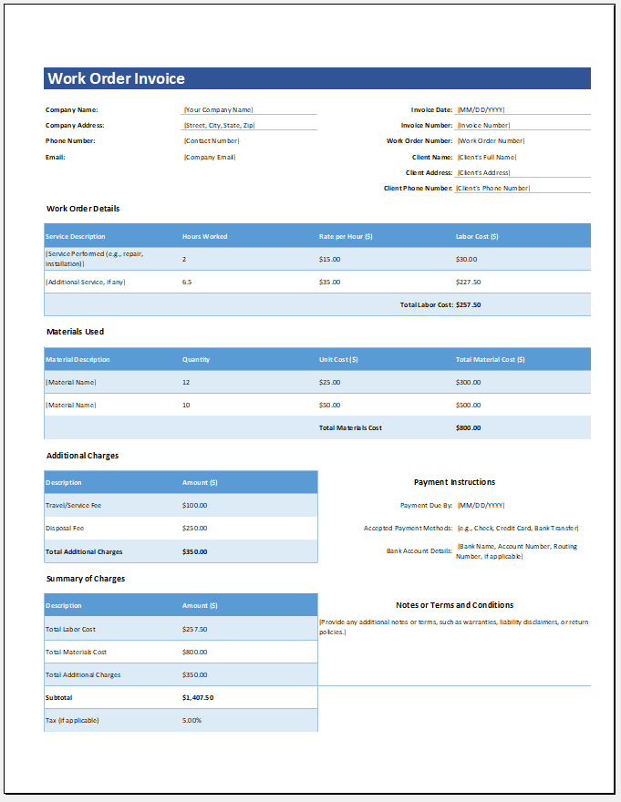 Work Order Invoice Template for Excel