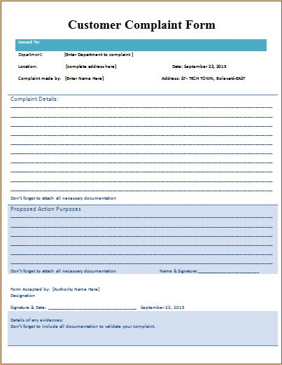 MS Word Consumer Or Customer Complaint Form Template Word Excel 