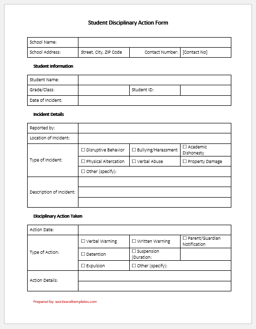 Student Disciplinary Action Form Template