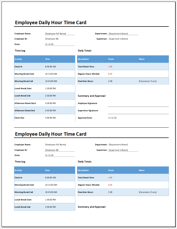 Employee Daily Time Card Format