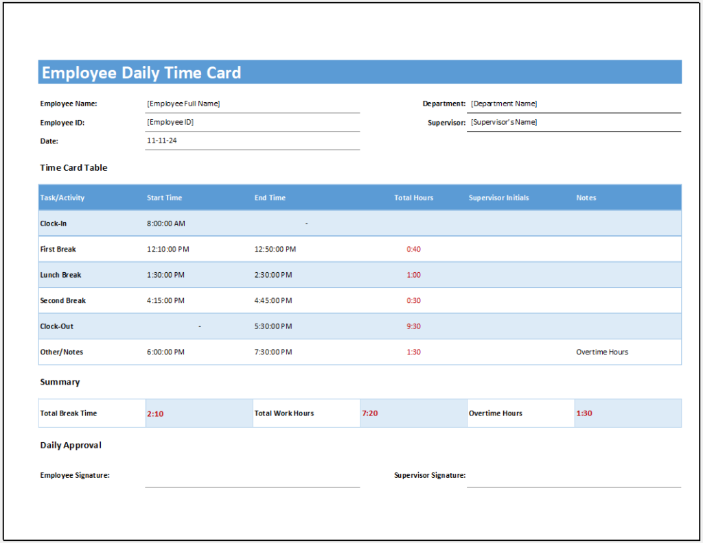 Employee Daily Time Card Format