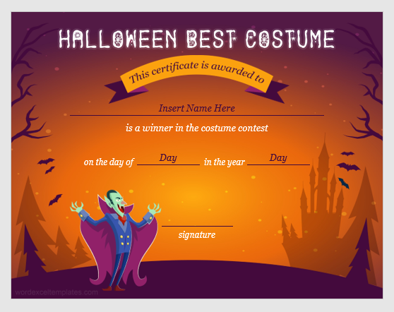 Halloween Best Costume Award Certificate MS Word Templates