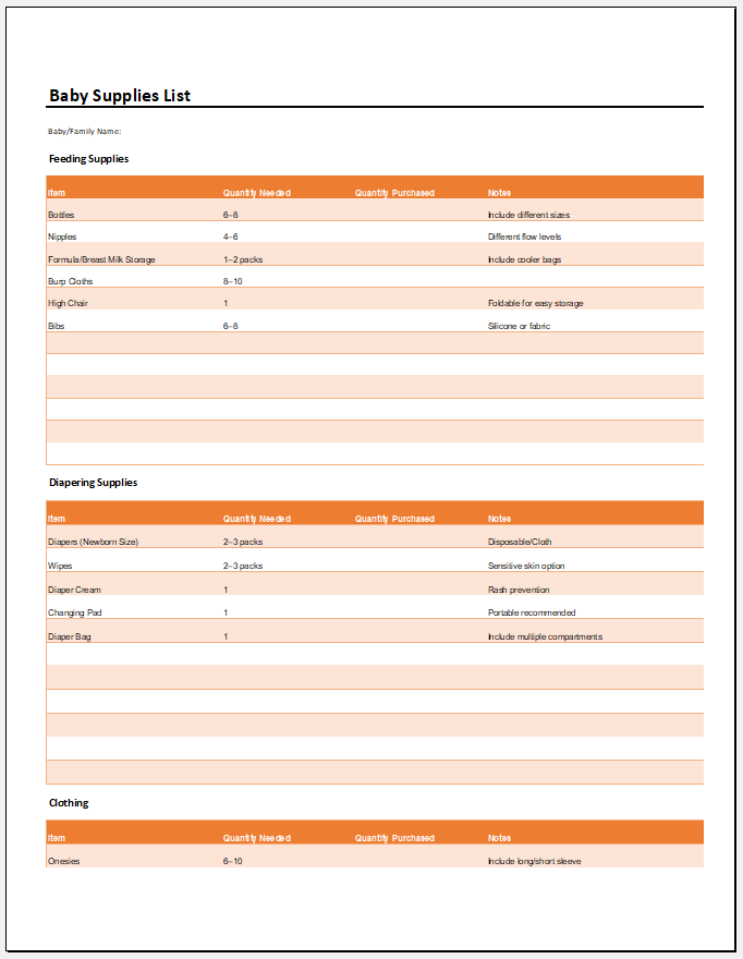 Baby Supplies List Template