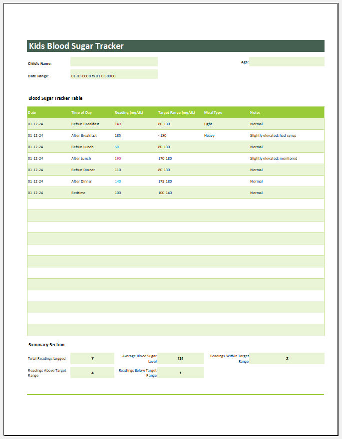 Kids Blood Sugar Tracker Template for Excel