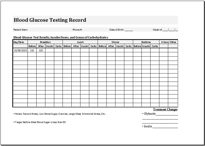 Blood Glucose Testing Record Sheet Template Word Excel Templates