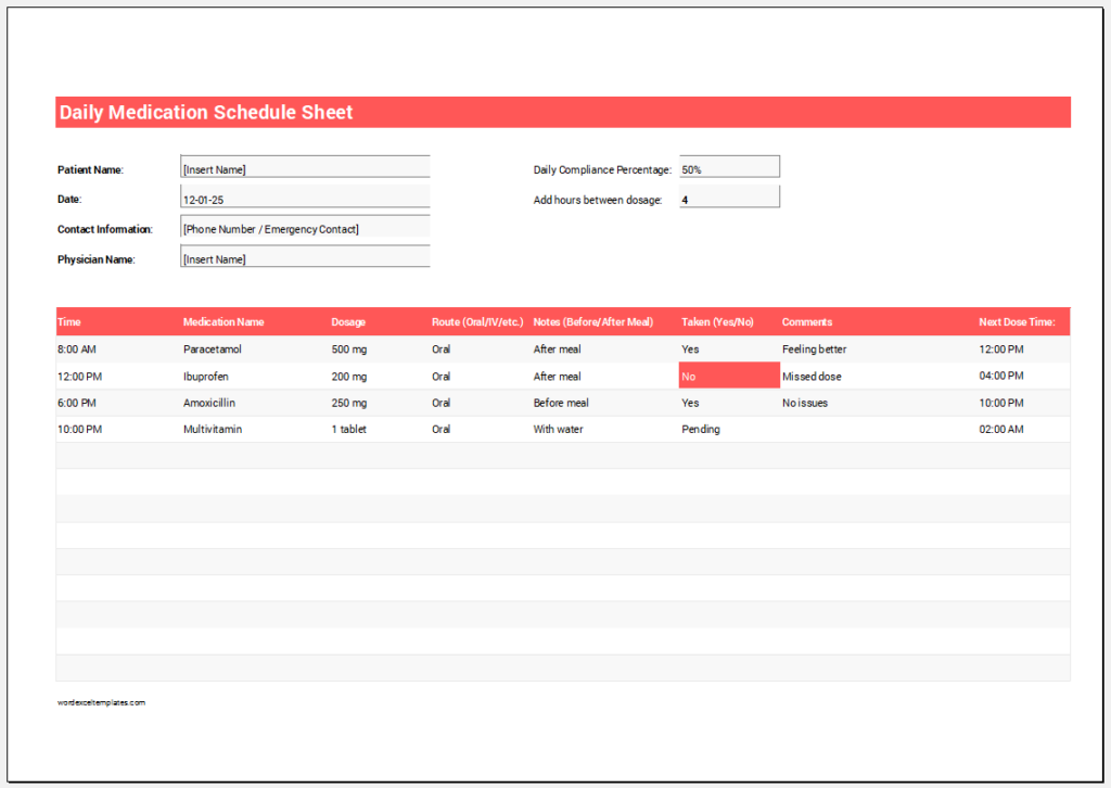 Daily Medication Schedule Sheet Template