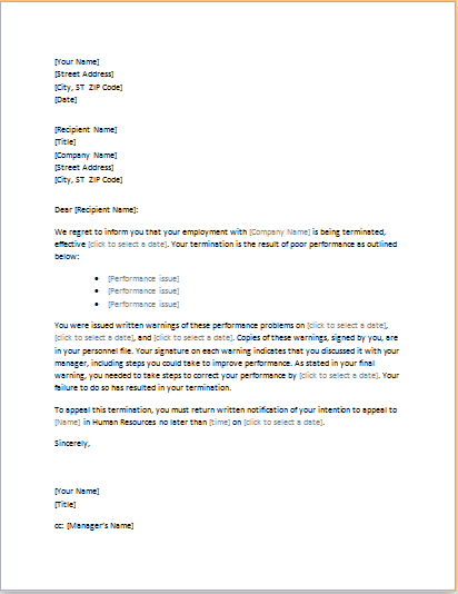 Employee Termination Letter Due To Poor Performance Database Letter 