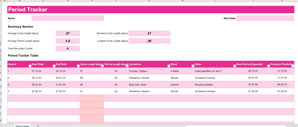 Period Tracker Template for Excel