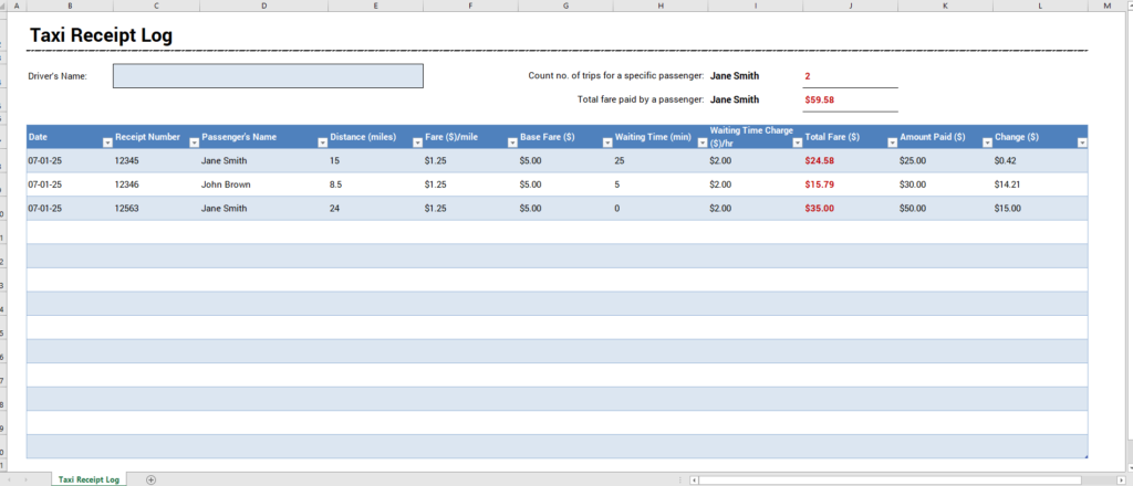 Taxi Receipt Log Template