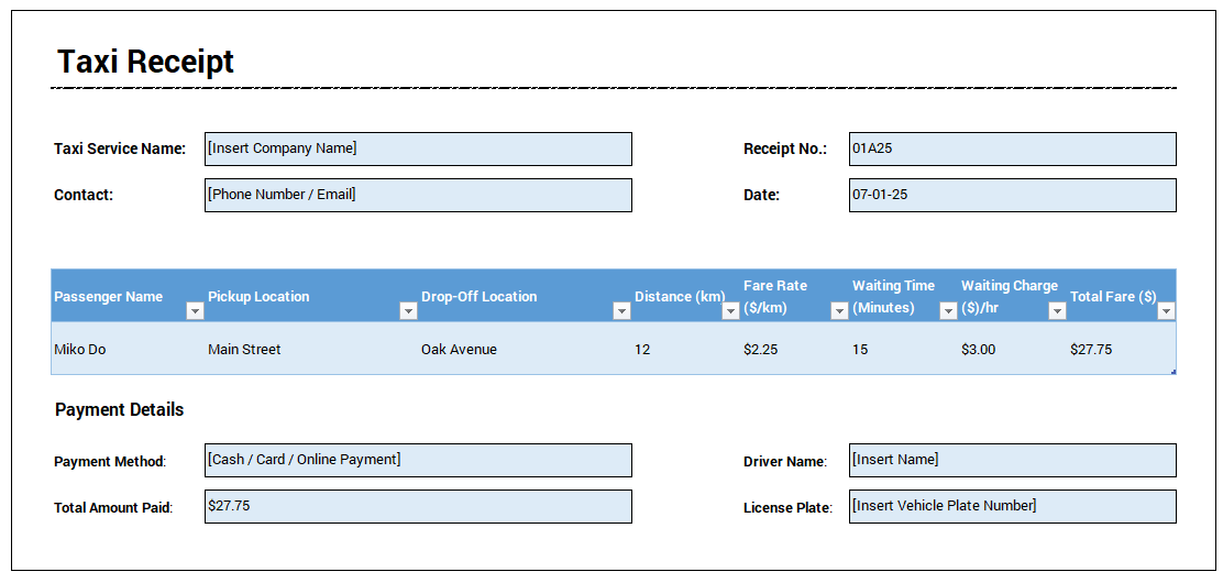 Taxi Receipt Template