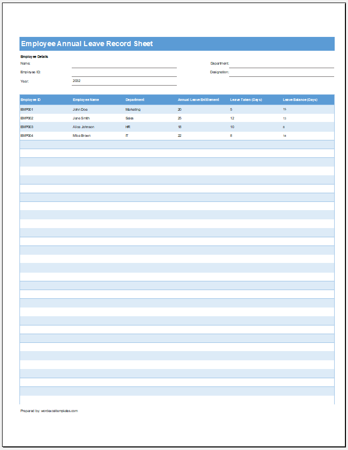 Employee Annual Leave Record Sheet Template