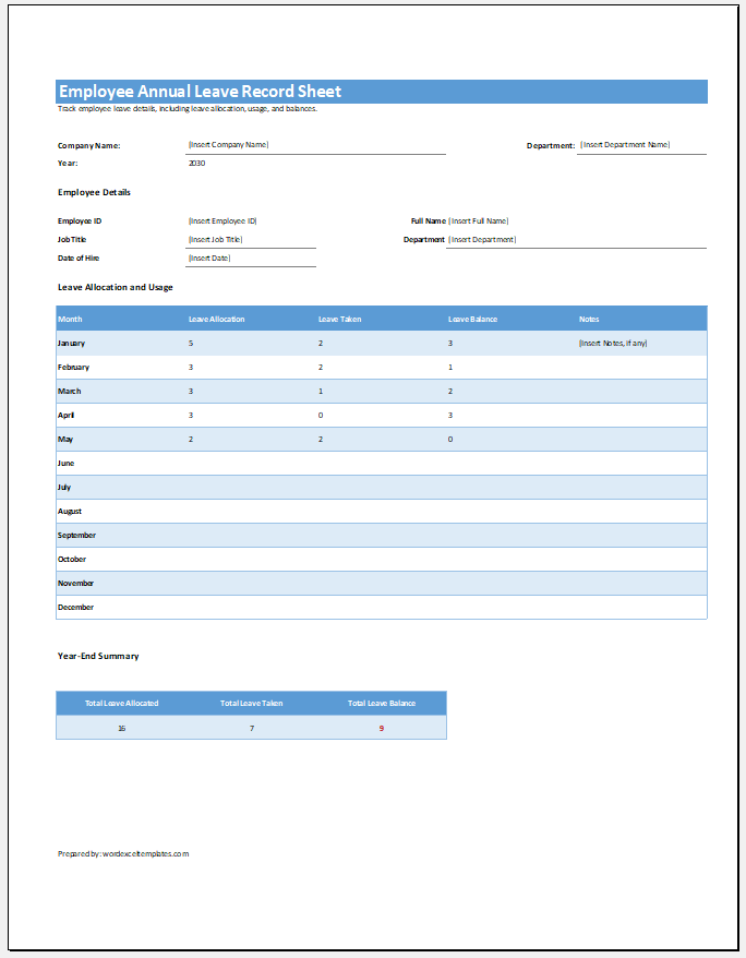 Employee Annual Leave Record Sheet Template