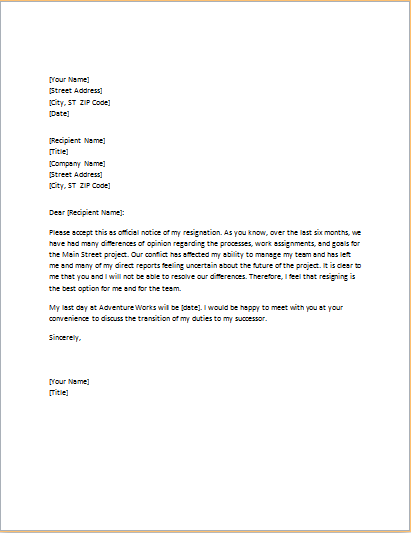 Letter of resignation due to conflict with the boss | Copy