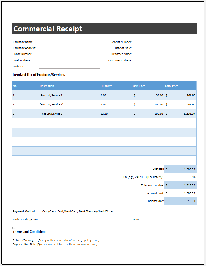 Commercial Receipt Template