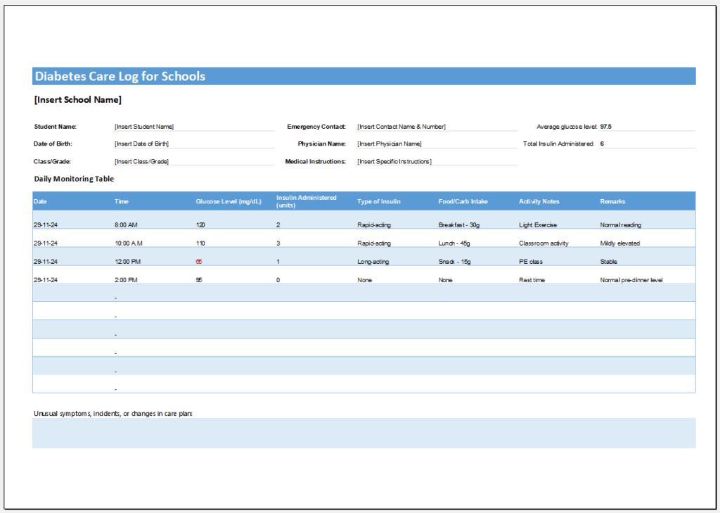 Diabetes Care Log for Schools