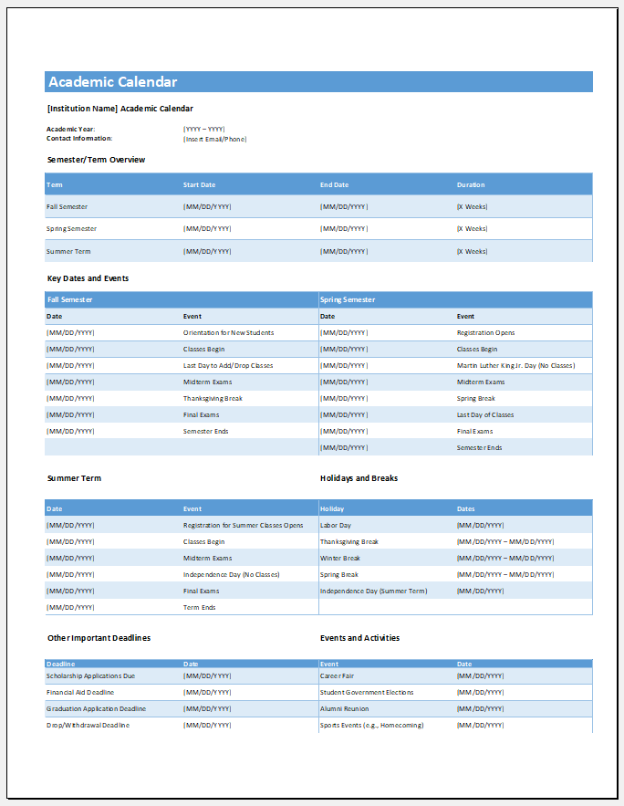 Academic Calendar Template