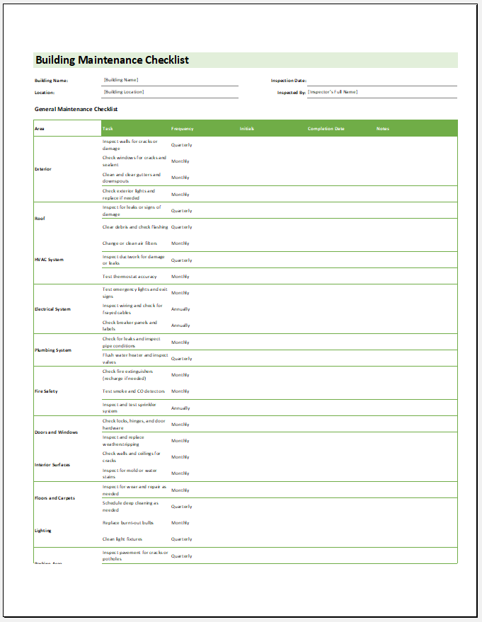 Building Maintenance Checklist Template