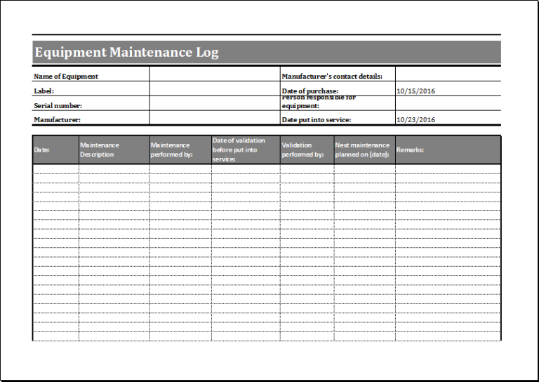 equipment maintenance log template