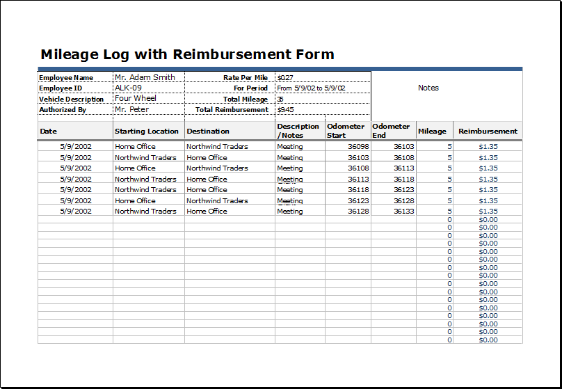 Vehicle Mileage Log With Reimbursement Form Word Excel Templates