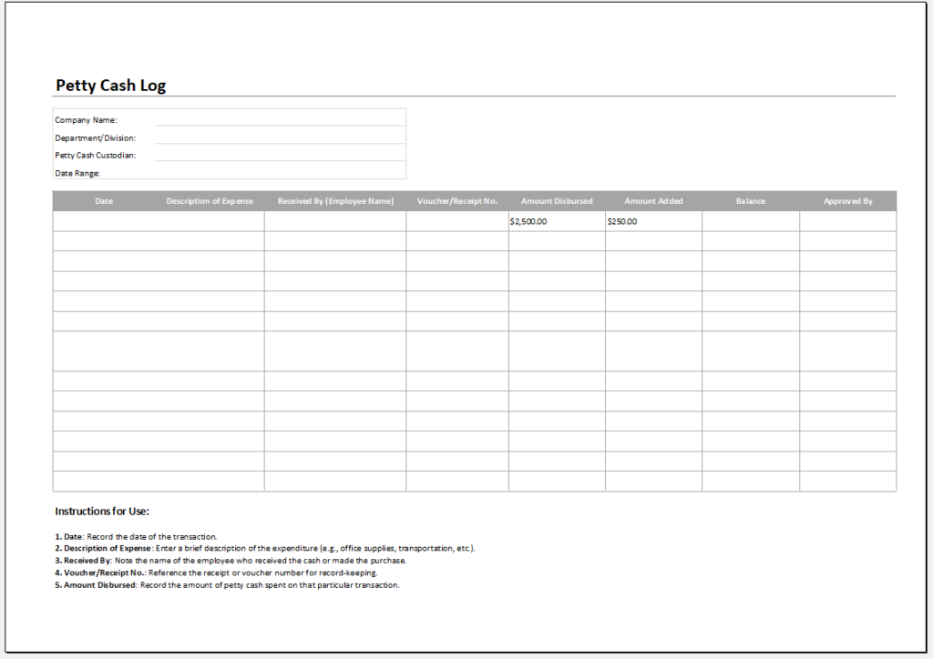 Petty cash log template