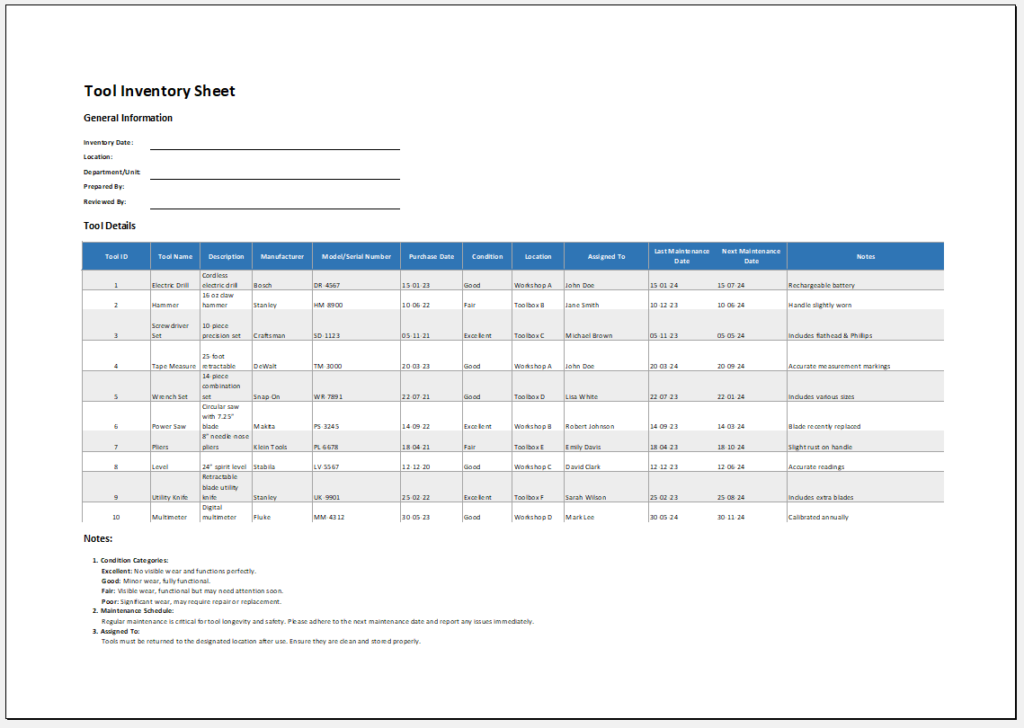 Tool Inventory Sheet Template