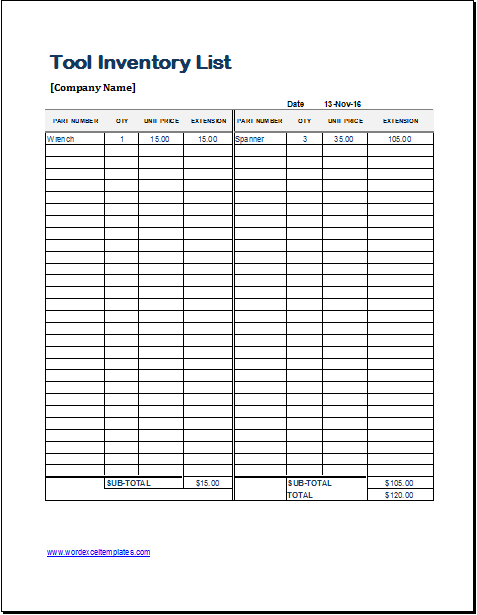 Tool Inventory Template Free Printable Templates