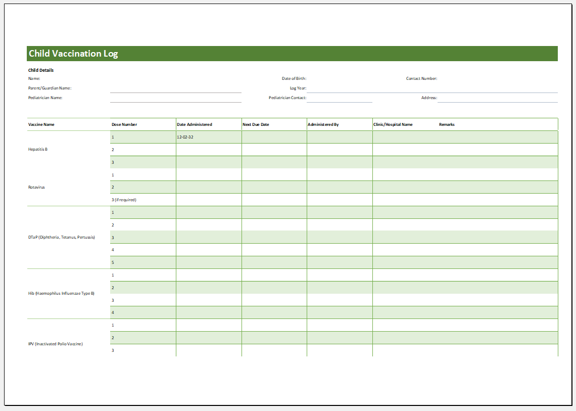 Child Vaccination Log Template for Excel