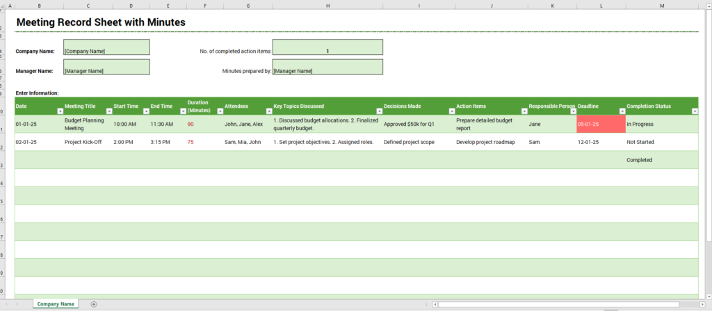 Meeting Record Sheet with Minutes