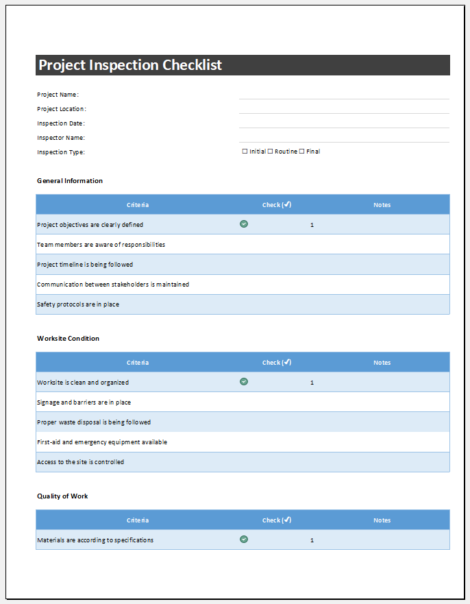 Project inspection checklist