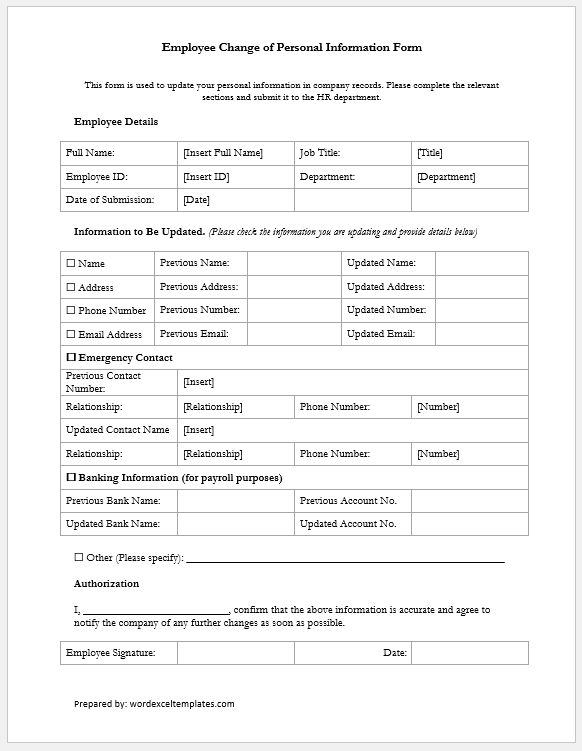 Employee Change of Personal Information Form