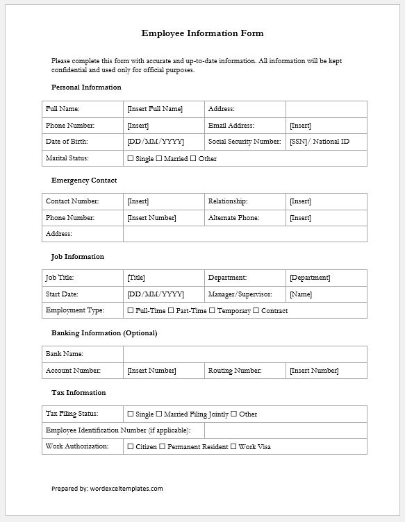 Employee Information Form Template