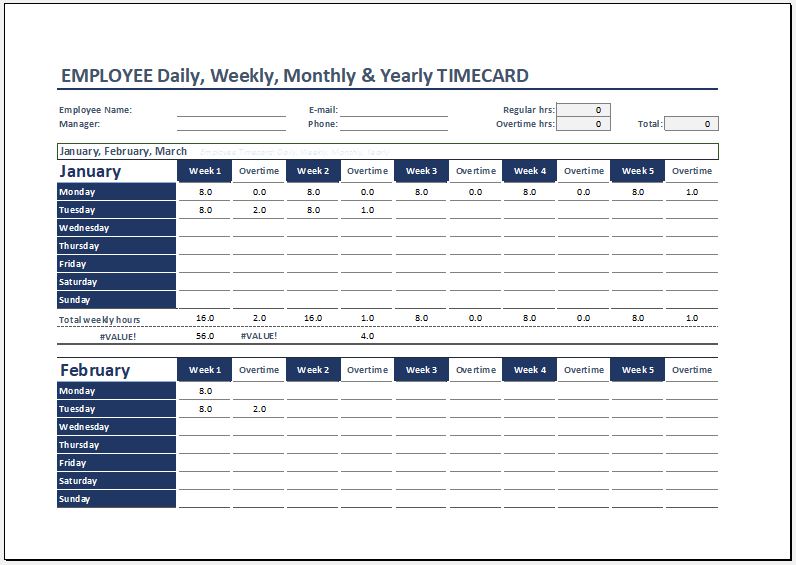 Daily, Weekly & Monthly Time Cards for Employees Word & Excel Templates