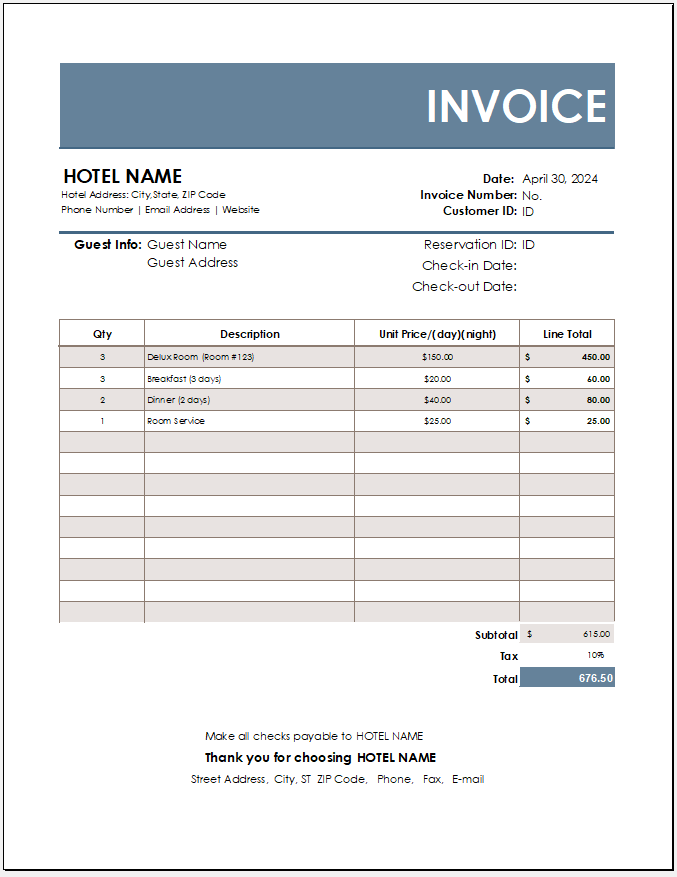 Hotel Invoice Template for Excel