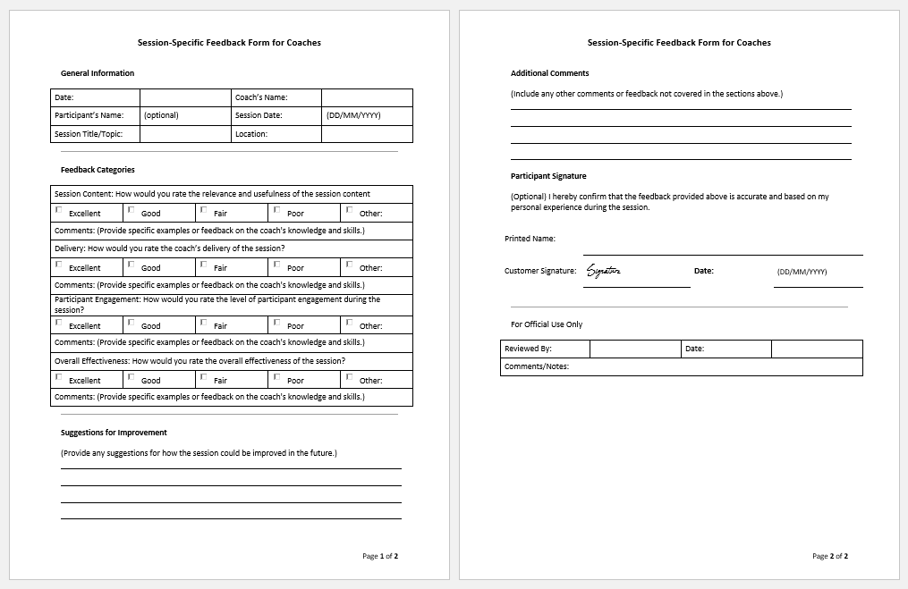 Session-Specific Feedback Form for Coaches