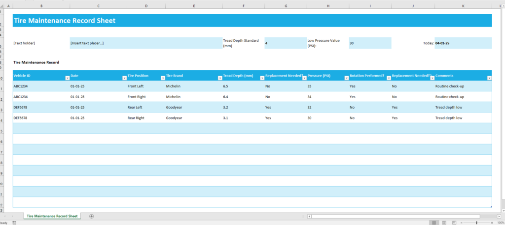 Tire Maintenance Record Sheet