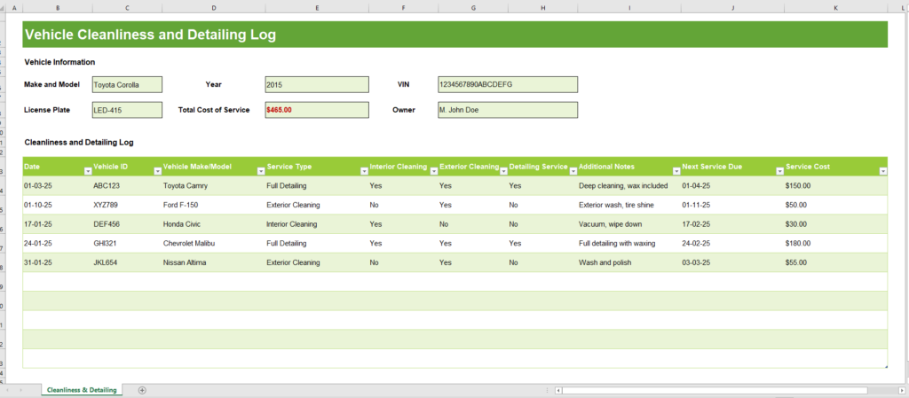 Vehicle Cleanliness and Detailing Log